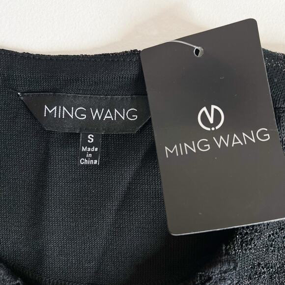 NEW Ming Wang | Black Metallic Knit Lace Trim 3/4 Sleeve Sweater Jacket S NWT - Picture 8 of 9